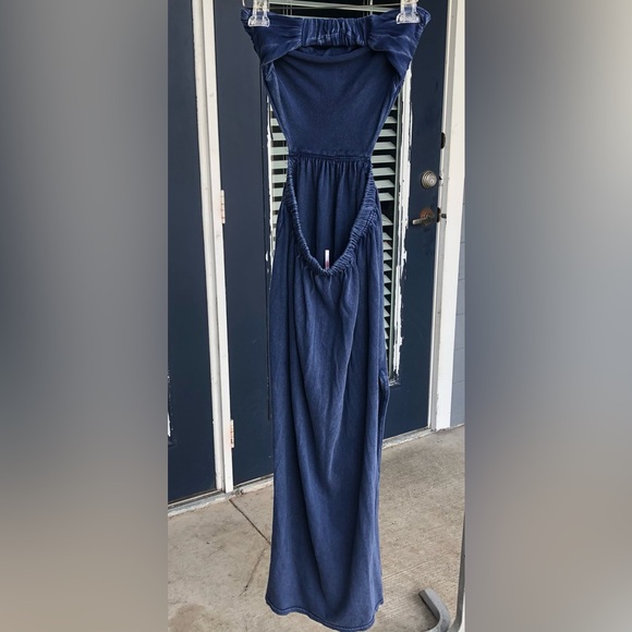 FREE PEOPLE Size Small Tangelica Maxi Vintage Strapless Cut out Solid Blue Slit - Picture 11 of 11